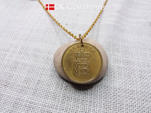 Denmark 1952 coin necklace with 72 year old golden Coat of Arms coin pendant with Royal Crown 2 krone. 72nd birthday gift. Vintage souvenir