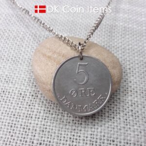 Danish 5 ore coin pendant necklace. 61 year old Crown R initial coin from Denmark 1963. Unique 5th anniversary gift or 61st birthday gift