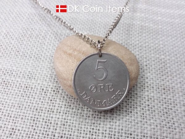 Danish 5 ore coin pendant necklace. 61 year old Crown R initial coin from Denmark 1963. Unique 5th anniversary gift or 61st birthday gift