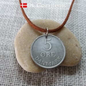 Coin necklace with Danish 5 ore 1963. Crown R initial on 61 year old coin from Denmark. Unique 5th anniversary gift or 61st birthday gift