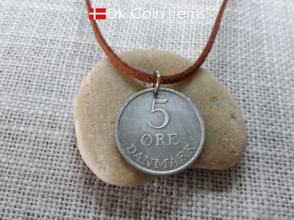 Coin necklace with Danish 5 ore 1963. Crown R initial on 61 year old coin from Denmark. Unique 5th anniversary gift or 61st birthday gift