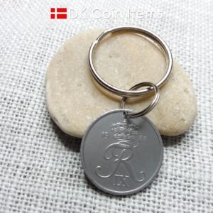 Denmark 1963 coin keychain with 61 year old Crown R initial 5 ore as coin pendant. Unique 61st birthday gift or Danish vintage souvenir