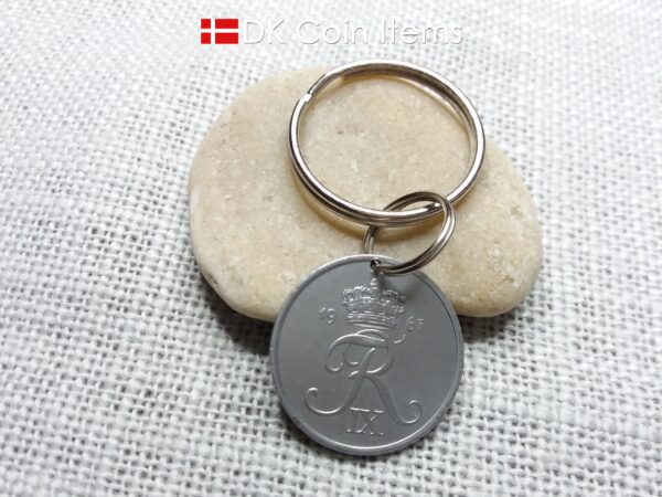 Denmark 1963 coin keychain with 61 year old Crown R initial 5 ore as coin pendant. Unique 61st birthday gift or Danish vintage souvenir