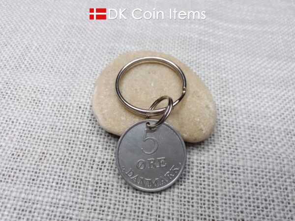 Danish 5 ore coin pendant keychain. 61 year old Crown R initial coin from Denmark 1963. Unique 5th anniversary gift or 61st birthday gift