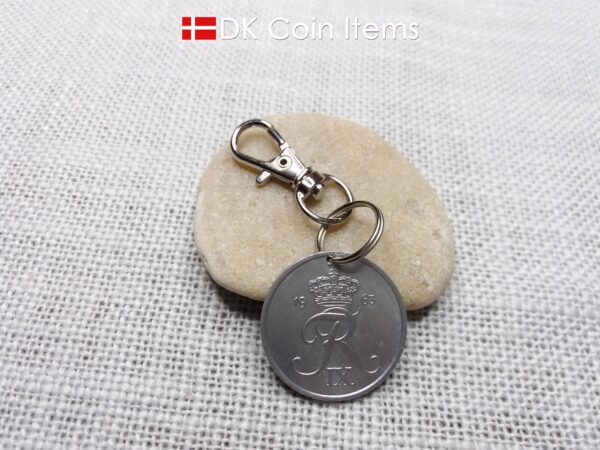 Denmark 1963 coin charm with 61 year old Crown R initial 5 ore as coin pendant. Unique 61st birthday gift or Danish vintage souvenir