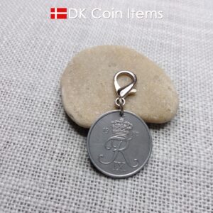 Danish Crown R coin keychain with 61 year old 5 ore 1963 as coin pendant on lobster claw. Vintage souvenir from Denmark