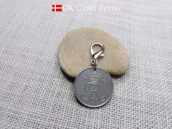 Danish Crown R coin keychain with 61 year old 5 ore 1963 as coin pendant on lobster claw. Vintage souvenir from Denmark