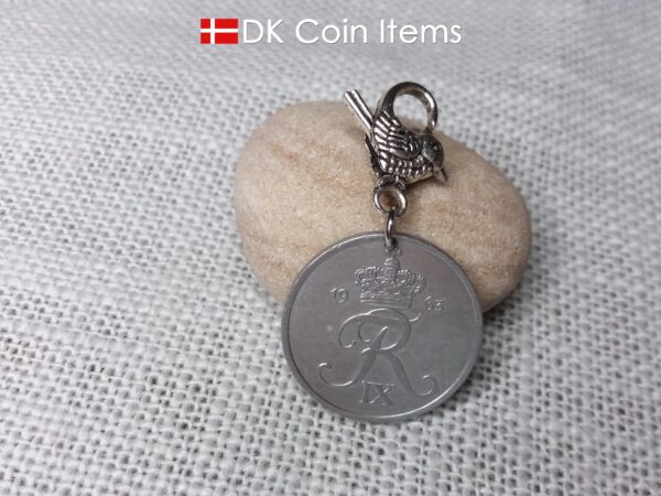 1963 Crown R coin charm with 61 year old 5 ore from Denmark as coin pendant on parrot trigger clip. Danish Vintage souvenir