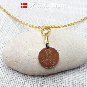 Denmark 1977 coin necklace with 47 year old Crown M initial 5 ore as coin pendant. 47th birthday gift. Danish vintage souvenir