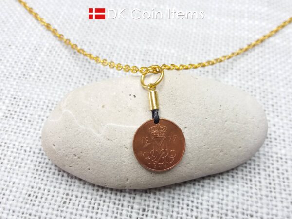 Denmark 1977 coin necklace with 47 year old Crown M initial 5 ore as coin pendant. 47th birthday gift. Danish vintage souvenir