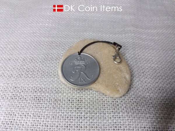 R initial coin charm with 61 year old 5 ore from Denmark as coin pendant on lariat cord strap. Danish 1963 vintage souvenir