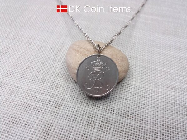 Denmark 1962 Crown R initial coin necklace with 62 year old 5 ore as coin pendant. Unique 62nd birthday gift or Danish vintage souvenir