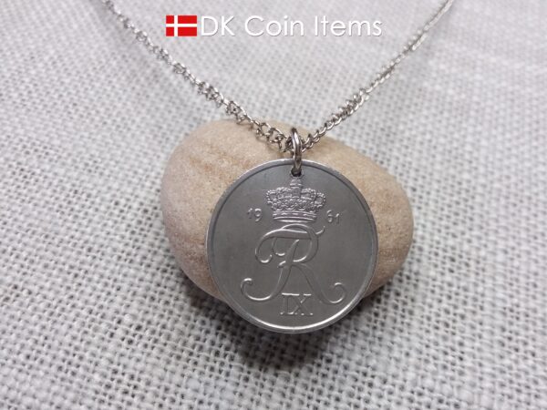 Denmark 1961 Crown R initial coin necklace with 63 year old 5 ore as coin pendant. Unique 63rd birthday gift or Danish vintage souvenir