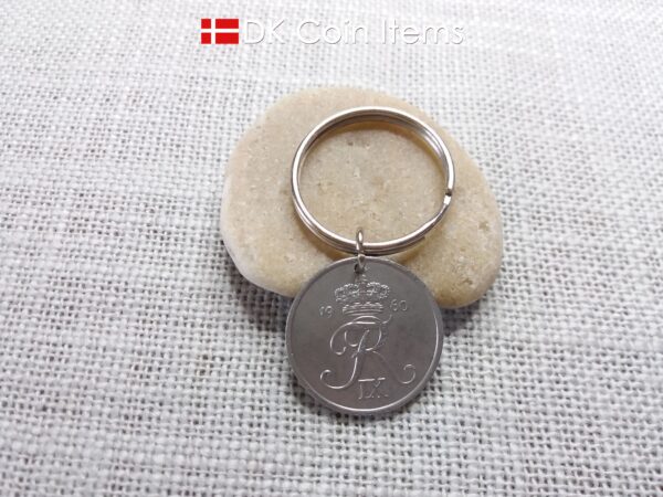 Denmark 1960 Crown R initial coin keychain with 64 year old 5 ore as coin pendant. Unique 64th birthday gift or Danish vintage souvenir