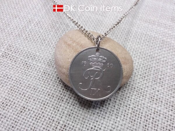 Denmark 1960 Crown R initial coin necklace with 64 year old 5 ore as coin pendant. Unique 64th birthday gift or Danish vintage souvenir