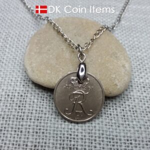 Crown R coin necklace with 63 year old Danish 5 ore 1961 as coin pendant on pinch bail. Vintage souvenir from Denmark