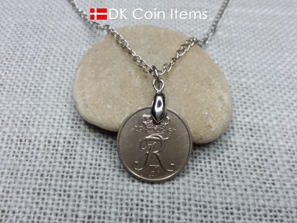 Crown R coin necklace with 63 year old Danish 5 ore 1961 as coin pendant on pinch bail. Vintage souvenir from Denmark