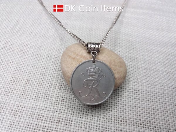 Denmark 1963 Crown R coin necklace with 61 year old 5 ore as coin pendant. Unique 61st birthday gift or Danish vintage souvenir