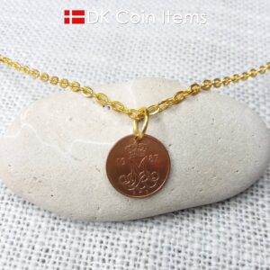 Denmark 1987 coin necklace with 37 year old Crown M initial 5 ore as coin pendant. 37th birthday gift. Danish vintage souvenir