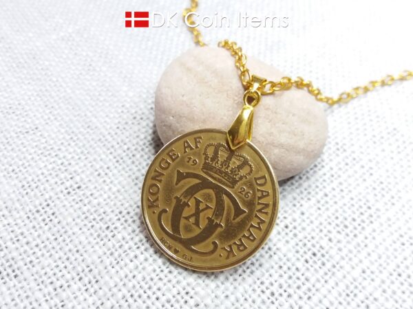 Denmark C-initial coin necklace with antique 1926 2 kroner as coin pendant. Golden 98 year old Danish Royal Crown coin. Unique souvenir gift