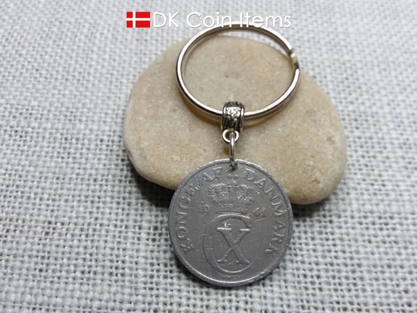 Denmark 1941 coin keychain with 83 year old Crown C initial 5 ore as coin pendant. 83rd birthday gift. Antique Danish vintage souvenir gift