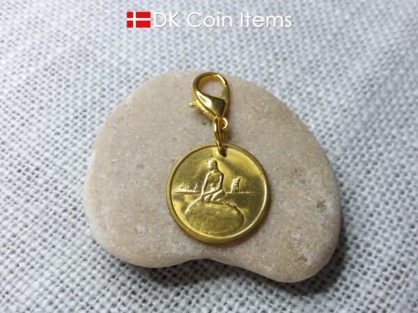 Denmark Little Mermaid coin pendant charm with a Copenhagen vintage 1966-1967 token showing The Danish Little Mermaid sculpture