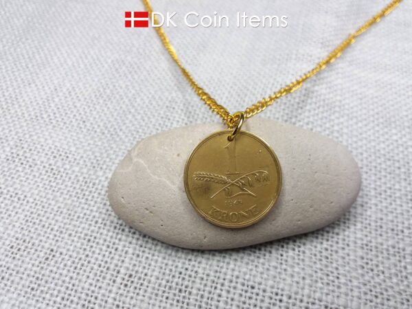 Denmark 1945 coin necklace with 79 year old golden 1 krone coin pendant. 79th birthday gift, 1st anniversary gift, Danish vintage souvenir