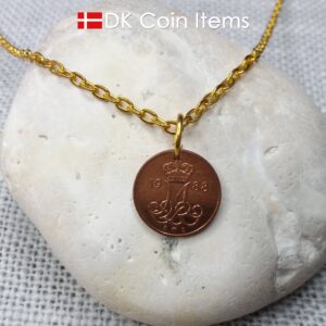 Denmark 1988 coin necklace with 36 year old Crown M initial 5 ore as coin pendant. 36th birthday gift. Danish vintage souvenir