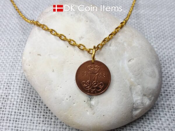 Denmark 1988 coin necklace with 36 year old Crown M initial 5 ore as coin pendant. 36th birthday gift. Danish vintage souvenir