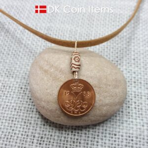 Crown M-initial 1988 coin necklace with 36 year old Danish 5 ore as coin pendant. 36th birthday gift. Danish vintage souvenir