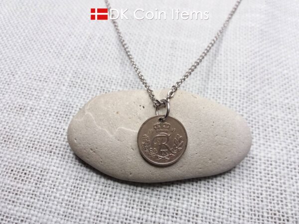 Denmark 1949 coin necklace with 75 year old Crown R initial 10 ore as coin pendant. 75th birthday gift. Danish vintage souvenir