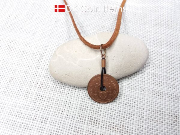 Antique Crown C-initial 1928 coin necklace with 96 year old Danish copper 2 ore as coin pendant in leather strap. Denmark Vintage souvenir