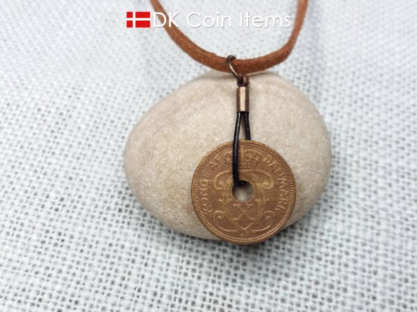 Antique Crown C-initial 1929 coin necklace with 95 year old Danish copper 2 ore as coin pendant in leather strap. Denmark Vintage souvenir