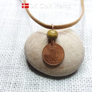 Crown M-initial 1973 coin necklace with 51 year old Danish 5 ore as coin pendant. 51st birthday gift. Danish vintage souvenir