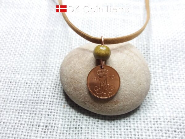 Crown M-initial 1973 coin necklace with 51 year old Danish 5 ore as coin pendant. 51st birthday gift. Danish vintage souvenir