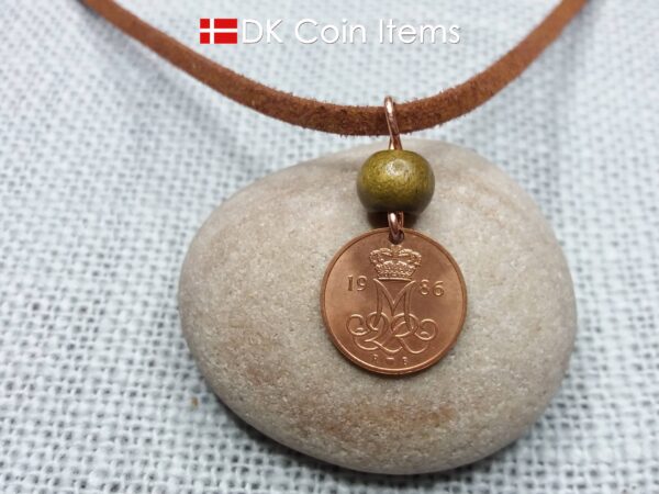 Crown M-initial 1986 coin necklace with 38 year old Danish 5 ore as coin pendant. 38th birthday gift. Danish vintage souvenir