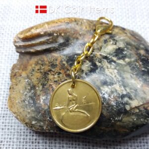 Danish Coin charm with the Little Mermaid sculpture in Copenhagen on vintage 1966-1967 fare token as pendant