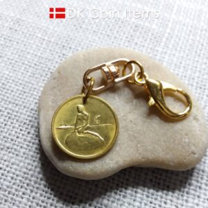 Danish Coin charm with the Little Mermaid sculpture in Copenhagen on vintage 1966-1967 fare token as pendant