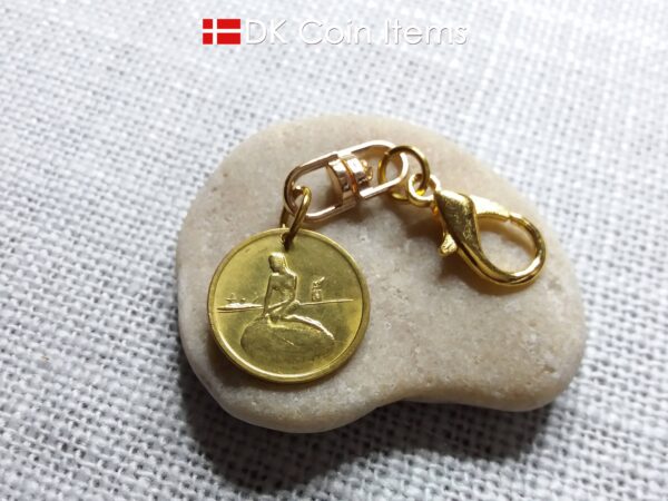 Danish Coin charm with the Little Mermaid sculpture in Copenhagen on vintage 1966-1967 fare token as pendant