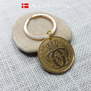 98 year old Crown C-initial coin keychain with golden 2 kroner 1926 from Denmark as coin pendant. Antique Danish vintage souvenir gift