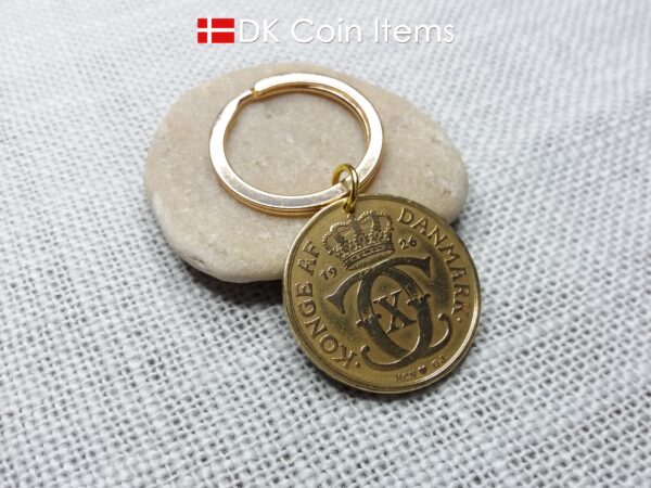 98 year old Crown C-initial coin keychain with golden 2 kroner 1926 from Denmark as coin pendant. Antique Danish vintage souvenir gift