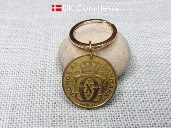 Crown C-initial coin keychain with golden 98 year old 1926 2 kroner from Denmark as coin pendant. Antique Danish vintage souvenir gift