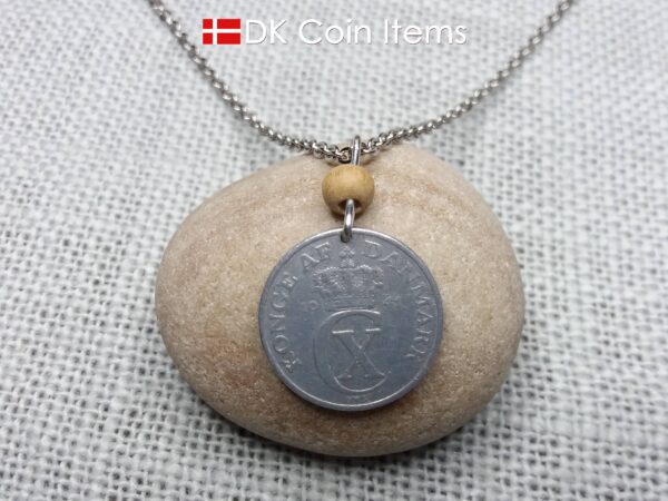 Crown C-initial 1941 coin necklace with 83 year old 2 ore from Denmark as coin pendant. 83rd birthday gift. Antique Danish vintage souvenir