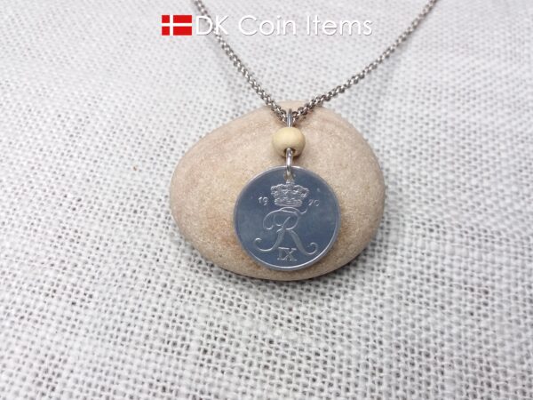 Crown R-initial 1970 coin necklace with 54 year old 2 ore from Denmark as coin pendant. 54th birthday gift. Danish vintage souvenir