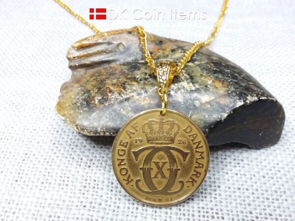 Crown C-initial coin necklace with golden 98 year old 1926 2 kroner from Denmark as coin pendant. Antique Danish vintage souvenir gift