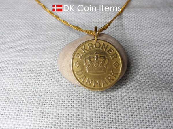 Crown C initial coin pendant necklace with an antique Danish golden 1926 coin (31mm/1¹/₄", 13 grams) on a gold plated ring. Denmark souvenir