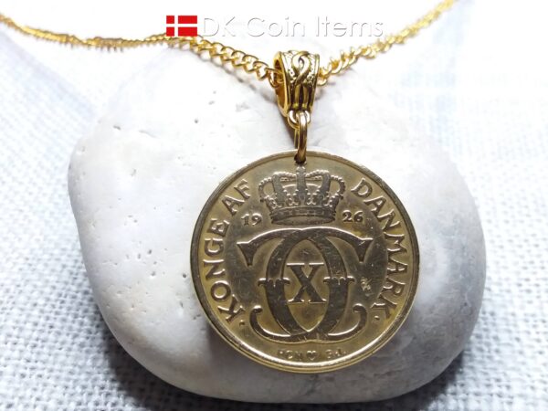 Golden 98 year old Crown C-initial coin necklace with 2 kroner 1926 from Denmark as coin pendant. Antique Danish vintage souvenir gift