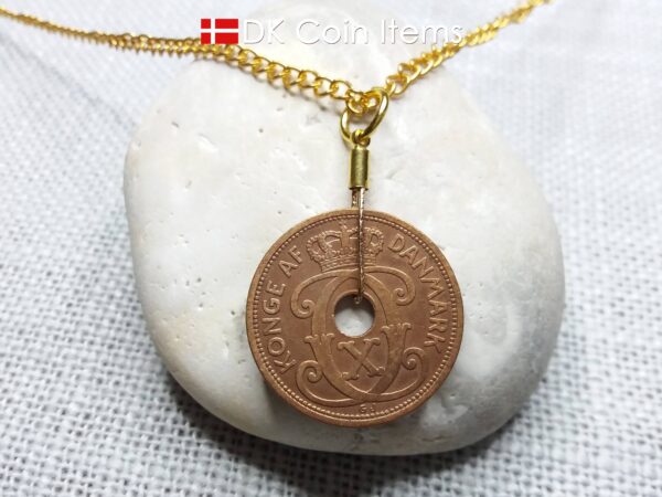 Denmark Crown C initial coin necklace with 97 year old Danish copper 5 ore as pendant. Antique 1927 vintage souvenir. 97th birthday gift