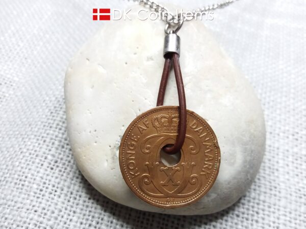 Antique Crown C-initial 1927 coin necklace with 97 year old Danish copper 5 ore as coin pendant in leather strap. Denmark Vintage souvenir