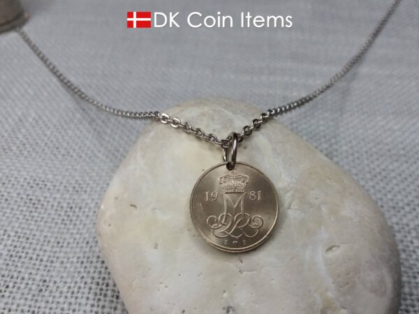 Denmark 1981 coin necklace with 43 year old Crown M initial 10 ore as coin pendant. 43rd birthday gift. Danish vintage souvenir